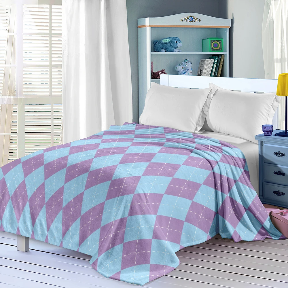 Purple Blue Argyle Plaid Flannel Blanket Perfect For Sofa Office Bed Travel Sleep Read Relax Camping Four Season Use
