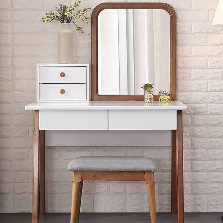 Modern Makeup Vanity Table Set With Mirror Wood Dressing Desk With Drawers & Shelves For Bedroom Home Office Or Apartment