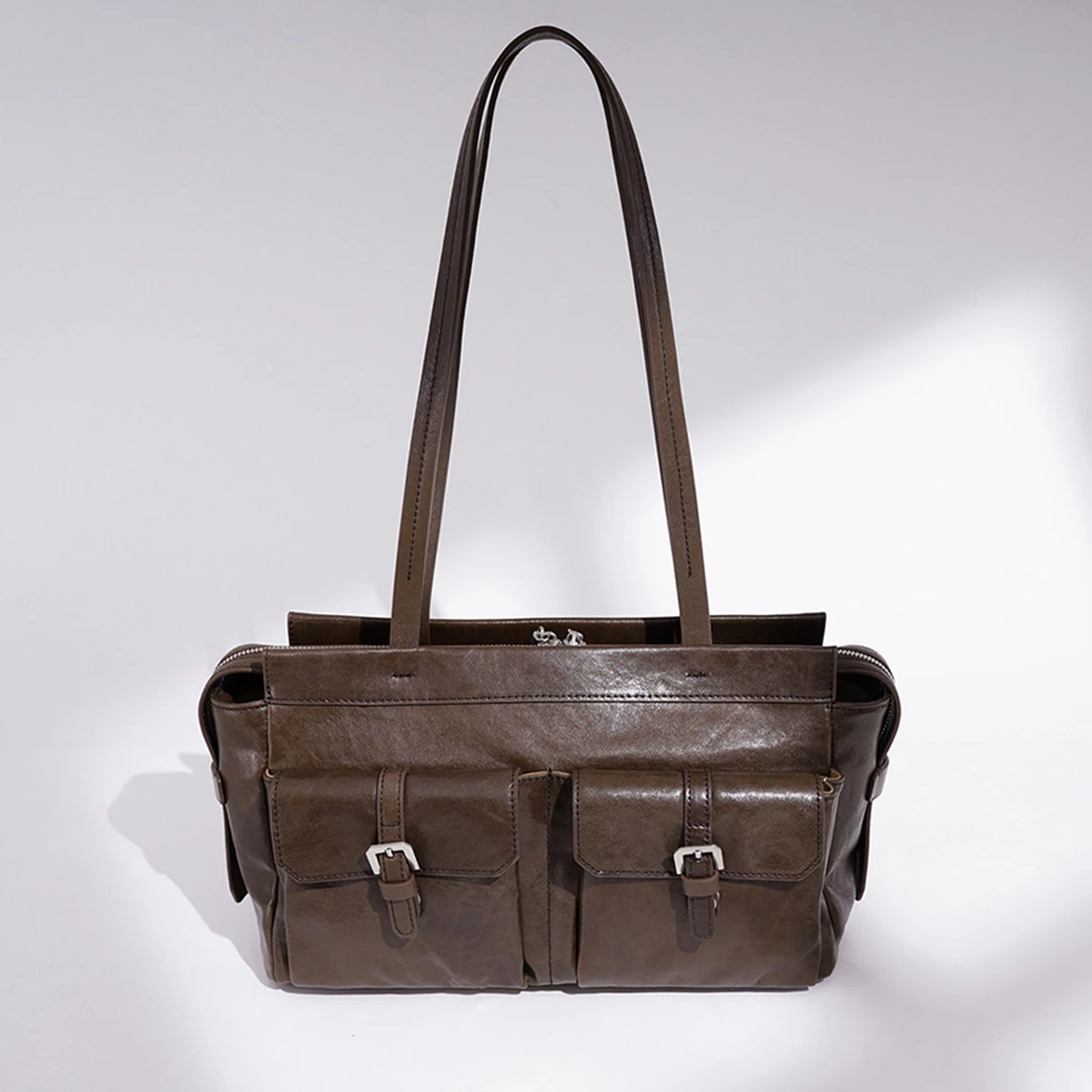 Sweet Cool Girl Handbag Large-capacity Top-grain Cowhide Multi-pocket Retro Tote Bag Genuine Leather Shoulder Bag For Commuting
