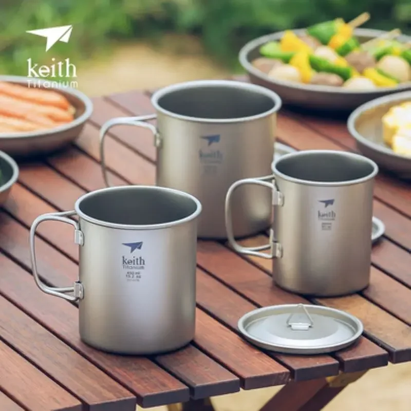 Keith Titanium Single-wall Mug with Folding Handle and Lid Outdoor Camping Travel Hiking Cups 220ml-500ml