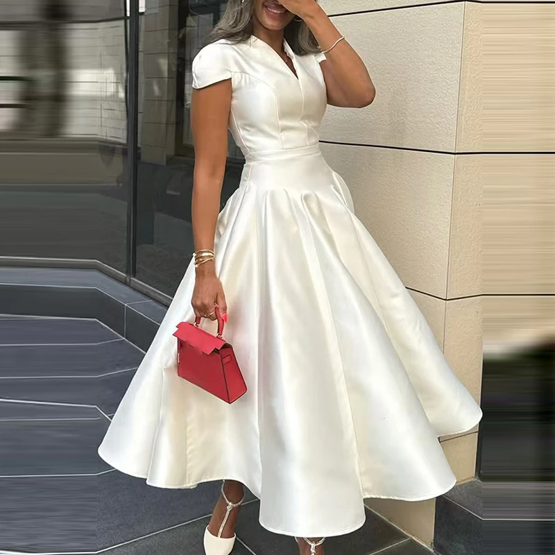 

2025 Spring Women's Pleated A-Line Dresses Sexy V Neck Solid Satin Ball Gown Dress Elegant Short Sleeve High Waist Banquet Dress