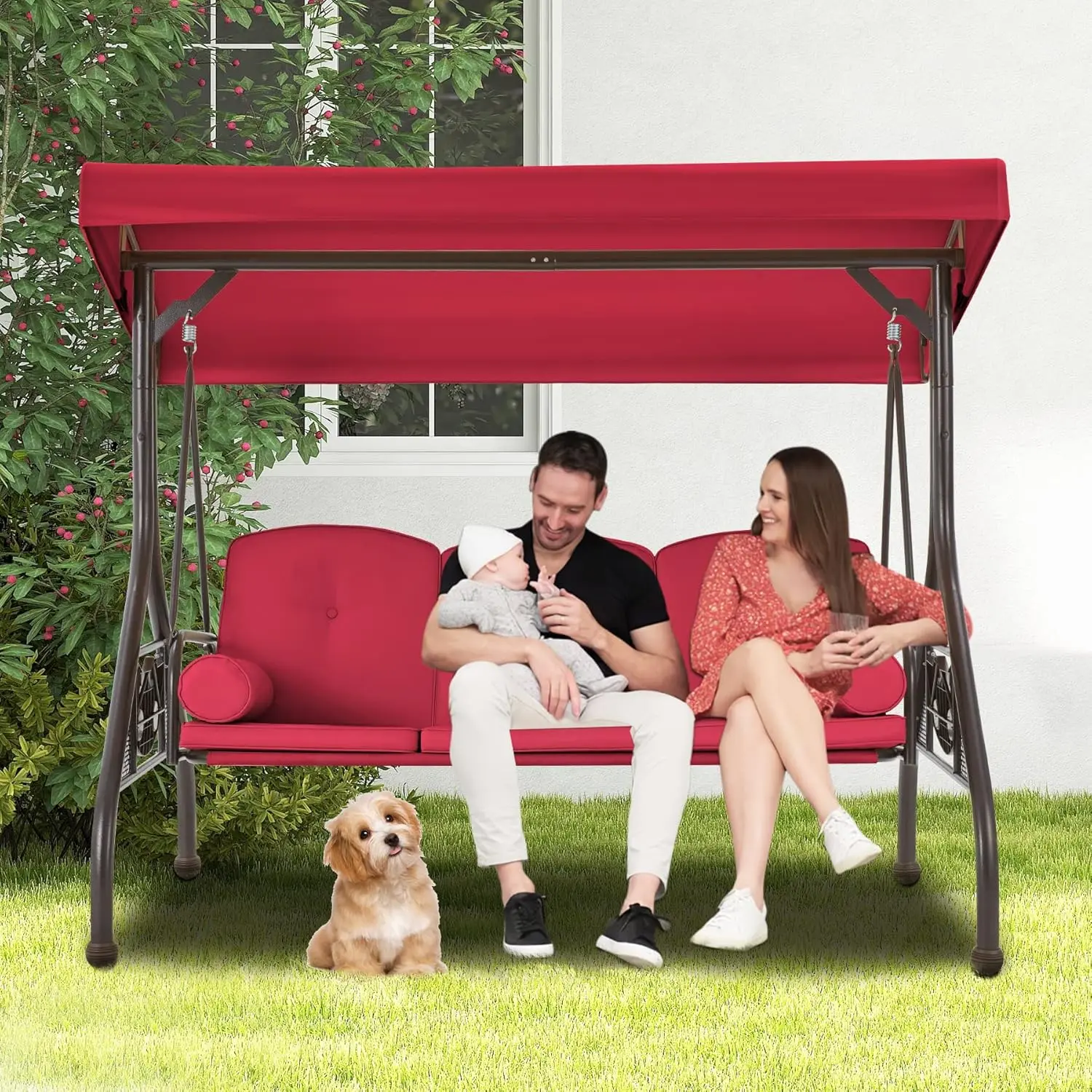 GYUTEI 3-Seat Outdoor Patio Swing Chair,Porch Swing Chair with Adjustable Backrest and Canopy,Outdoor Porch Swing Glider Chair,