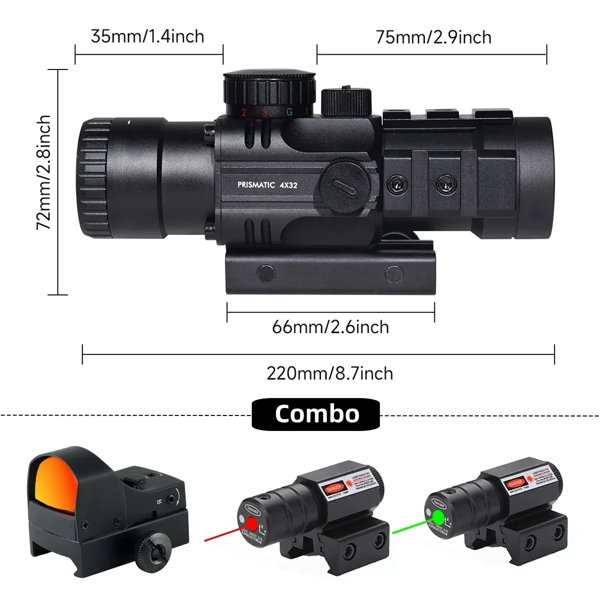 Tactical 4X32 Red Dot Laser Combo Sight Tri-Illuminated Optics Riflescope Airsoft Outdoor Hunting Rifle Scopes Acsessories