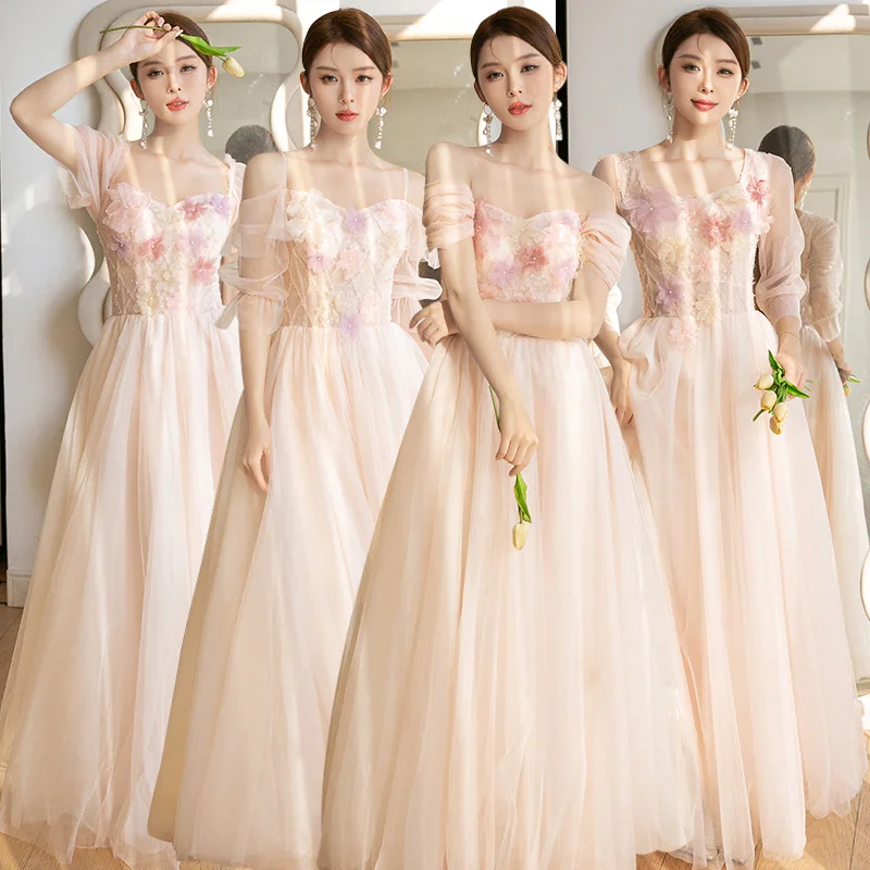 

Pink Tulle Off Shoulder Bridesmaid Dress Women Appliques V-Neck Lace-up Sweet Choir Dresses Simple Elegant Modern Evening Gown