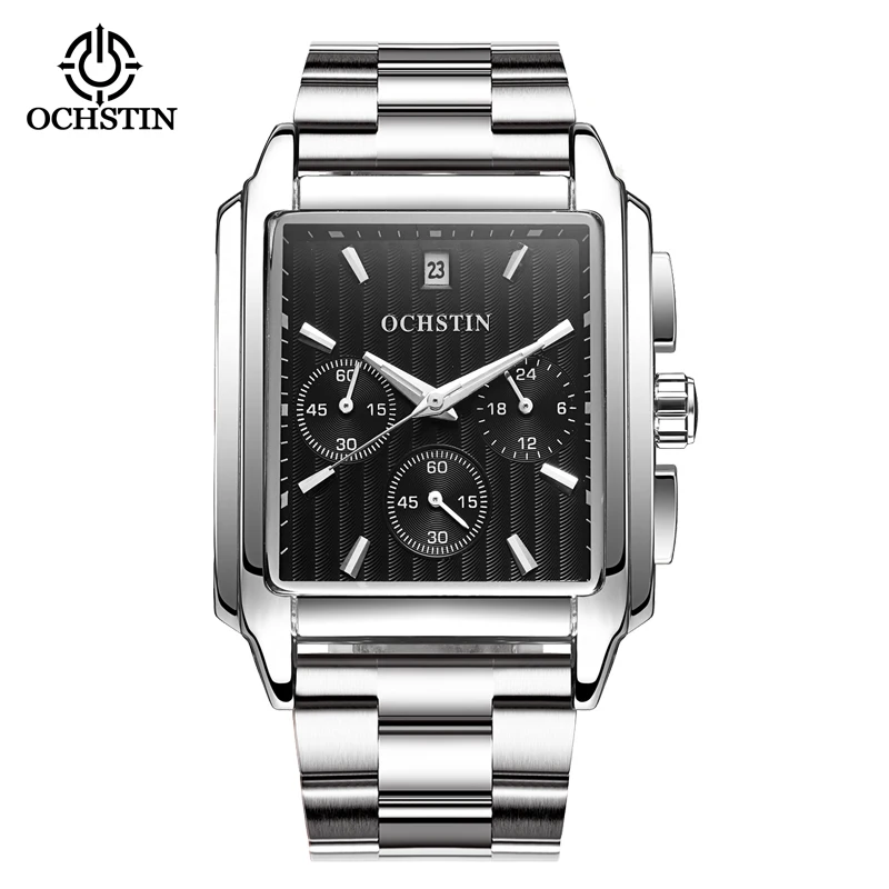 Top Brand Ochstin Mens Business Chronograph Quartz Wristwatch Rectangle Dial New 24-Hour Date For Male Steel Square Clock Time