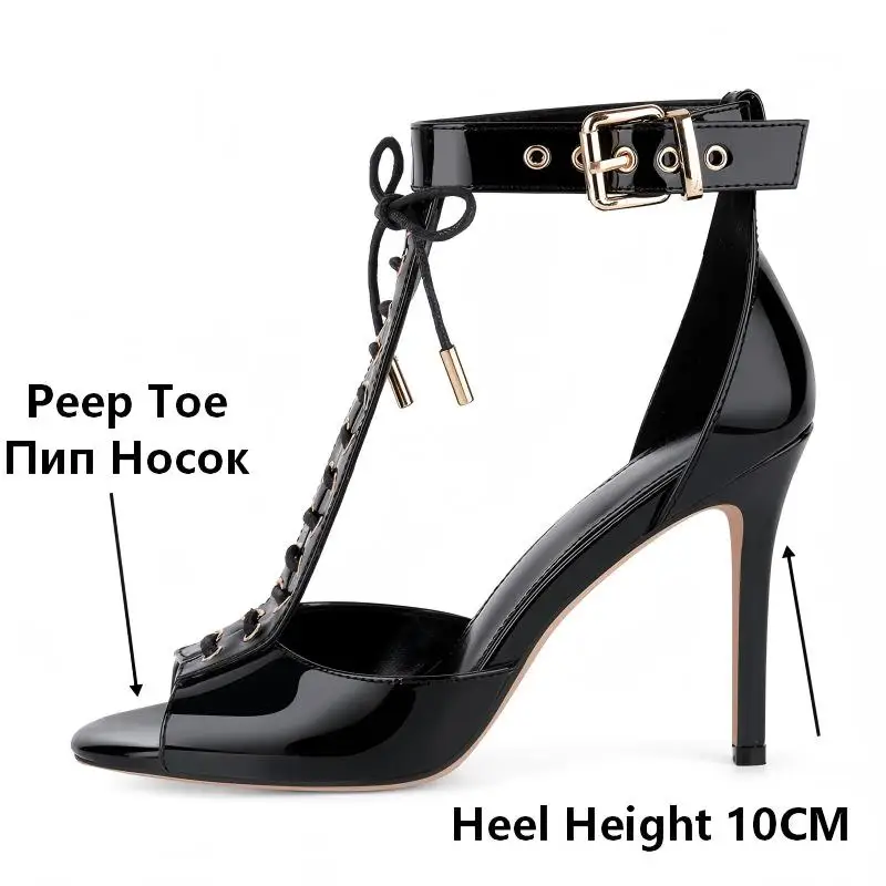 Onlymaker Women Open Toe T-Strap Lace-up Buckle Patent Leather Sandals Party Wedding Thin Heels Sandals view 3