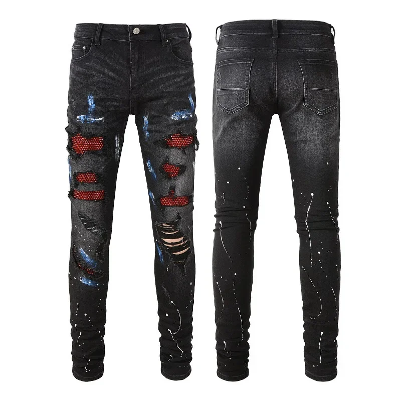 Hole Jeans for Men Low Waist Straight Pencil Pants Diamonds Washed Streetwear Skinny Denims 2024 Autumn Ankle Length Trousers