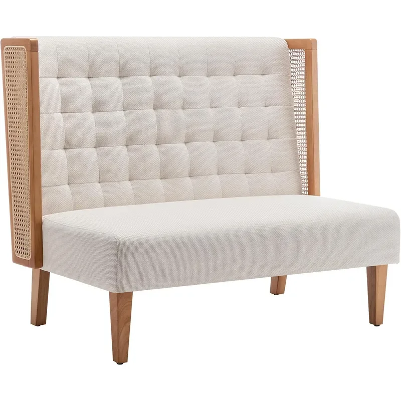 Loveseat Settee Bench with Rattan Arms Upholstered Modern Mini High-Back Sofa Couch Banquette Dining Bench for Living Dining