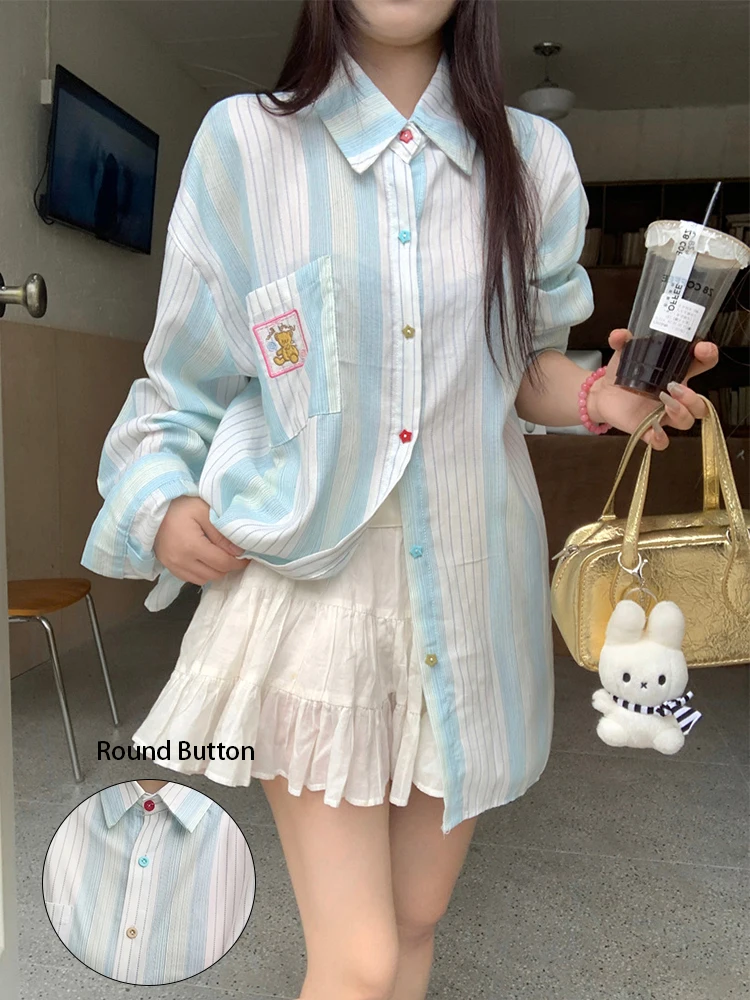 

Pink Stripe Long Sleeve Shirt Cute Embroidery Women's Shirt Fashion Casual Versatile Blouse 2025 Spring Korean Clothing