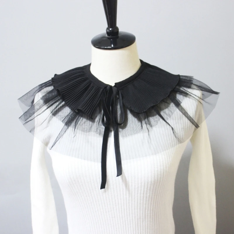 Womens Layered Ruffle Mesh Detachable False Collar Ribbed Knit Splicing Shawl Wrap Scarf Lace-Up Bowknot Capelet Shrugs