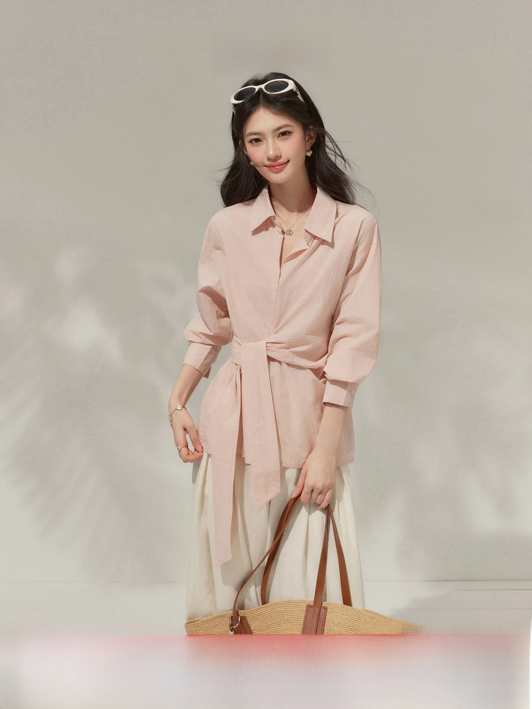 

Loose Long Sleeve Women's Shirt Side Tie Korean Style Design Fat Friendly Office Wear Micro plus Size Flared Outfit