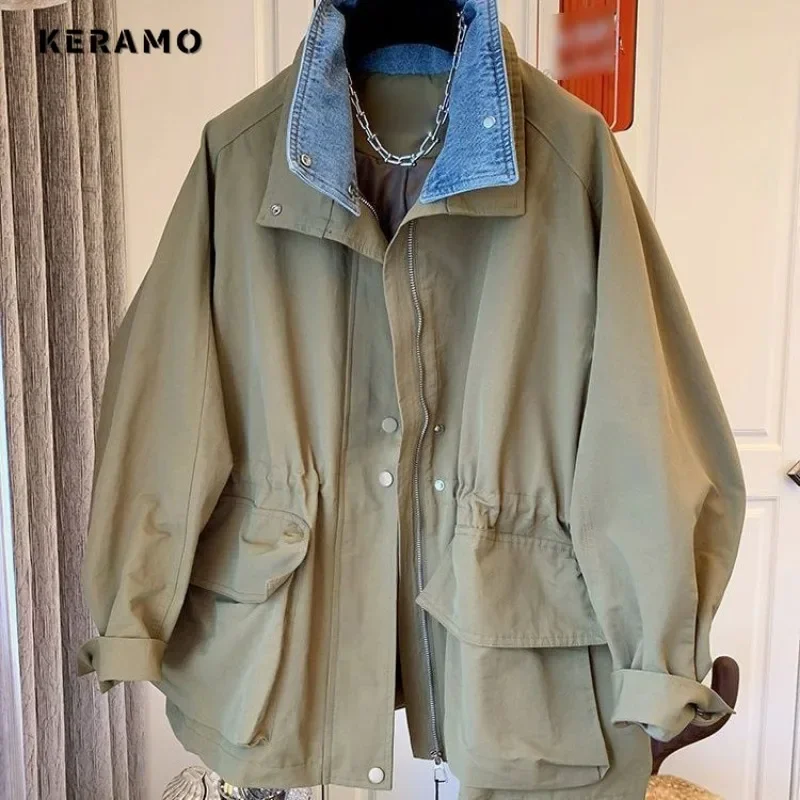 2024 Autumn Winter Casual Style Single Breasted Denim Patchwork Trench Women Outerwear Fashion Loose Pockets Baggy Windbreaker