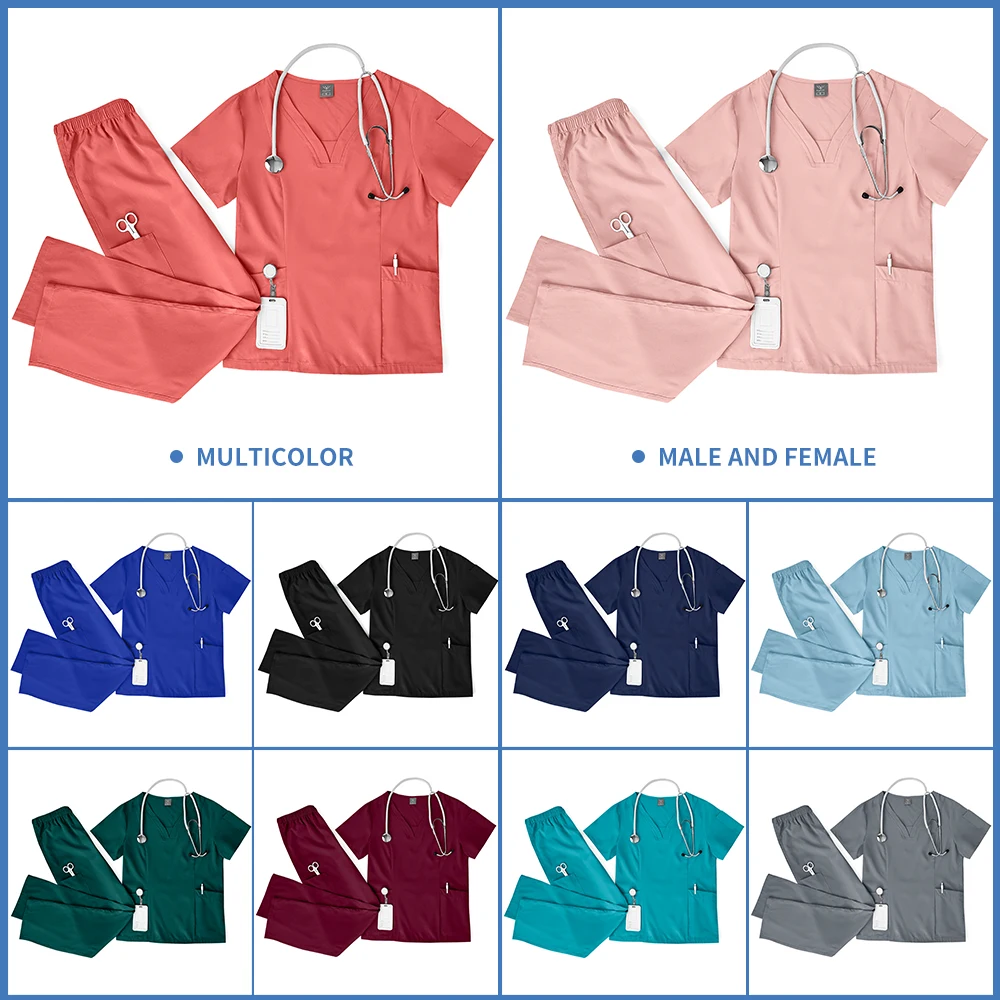 

Multicolour Doctor Nursing Workwear Scrubs Suits Pockets V-neck Tops+Straight Pants Nurse Uniforms Clinical Medical Clothes Set