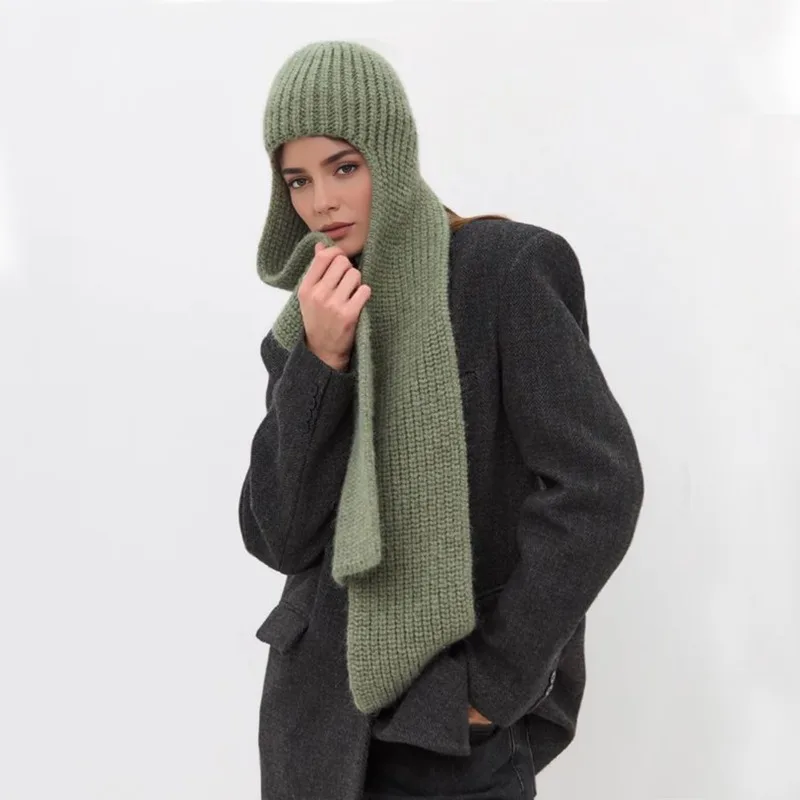 Women Long Knit Hooded Scarf Hat 2‑in‑One Ribbed Knit Hood Hat with Extended Scarf Panel Thermal Fashion Winter Street Headwear