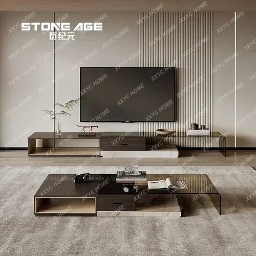 

Natural Marble Coffee Table Glass Solid Wood Combination Italian Minimalist Light Luxury Retractable
