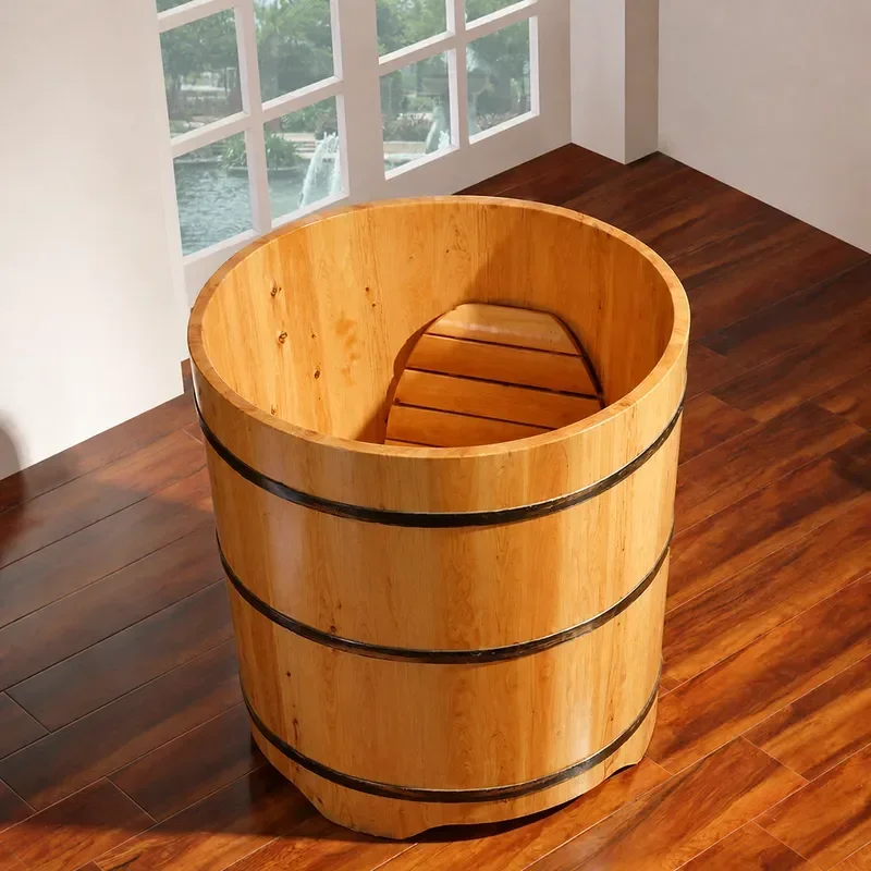 Round Cedar Wood Bath Bucket Adult Sitting Tub Wooden Soaking Barrel Spa Hot Tub for Home Bathroom Relaxation Therapy