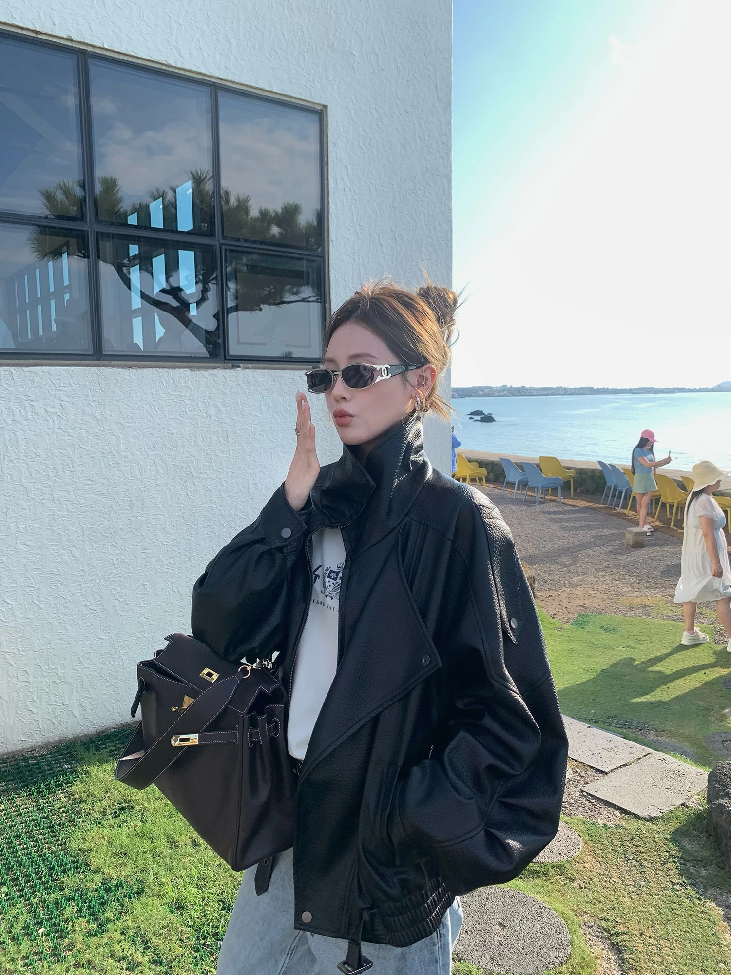 Jaqueta de Couro Feminina PPLAND Bla com Lapela, Estilo Americano Solto, com Zíper, Manga Longa, Comprimento Regular, para Primavera e Outono