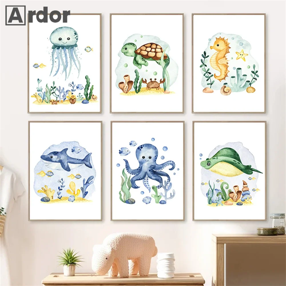 

Cartoon Octopus Seahorse Turtle Creatures Nordic Posters And Prints Wall Art Canvas Painting Wall Pictures Baby Kids Room Decor