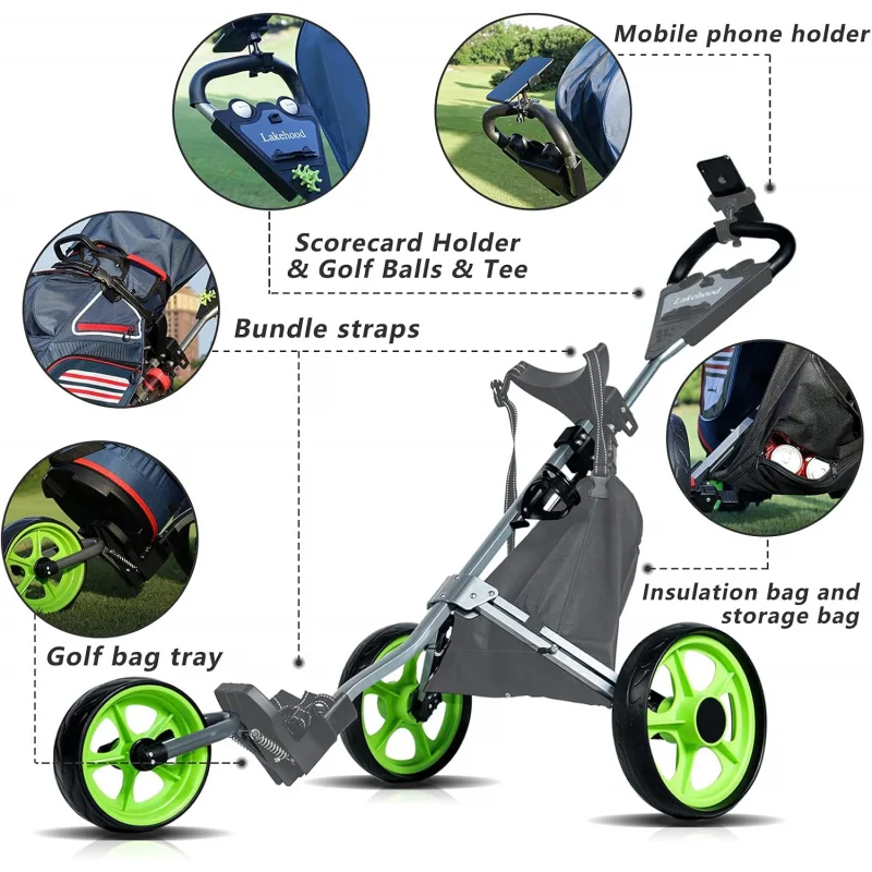 AQLakehood , Pull Cart for Clubs and Bag,Golf Push Carts Three Wheel Easy to Folding Scorecard Holde