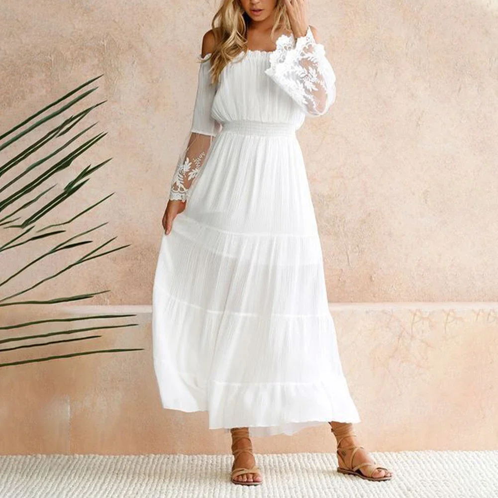 Stylish Bohemian Style Strapless Beach Dress for Women White Lace Loose Fit Long Sleeve Dress for Parties and Weddings