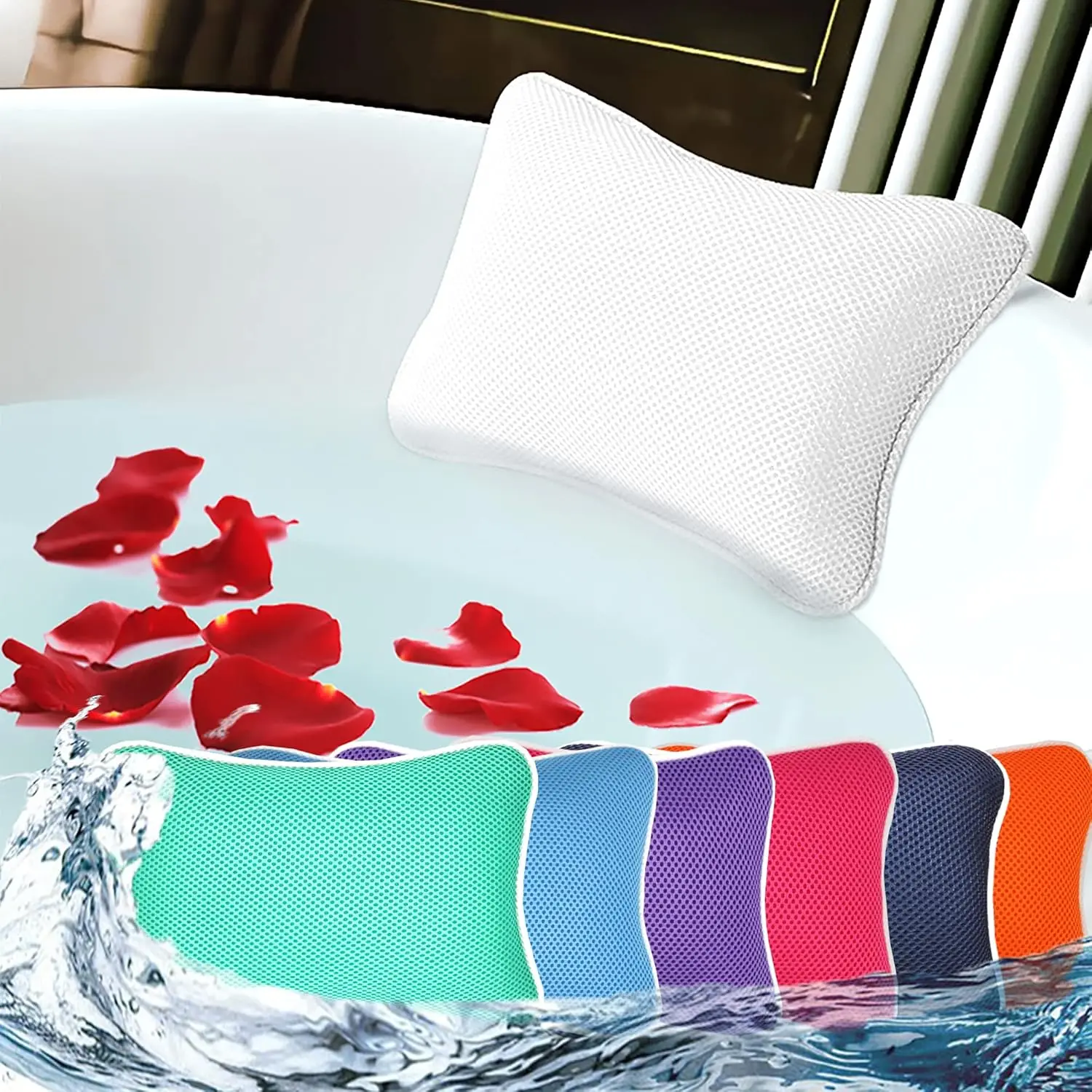 

Bath Pillow for Tub, Non Slip, Breathable Soft, Head Neck Support, Machine Washable, 2 Suction Cups