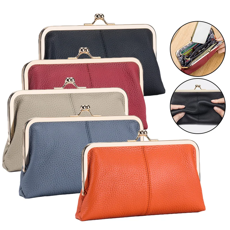 

Women Genuine Leather Kiss Lock Big Capacity Wallet Card Holder Clutch Purse Bag Fashion Clip Bag Long Hand Bag Storage