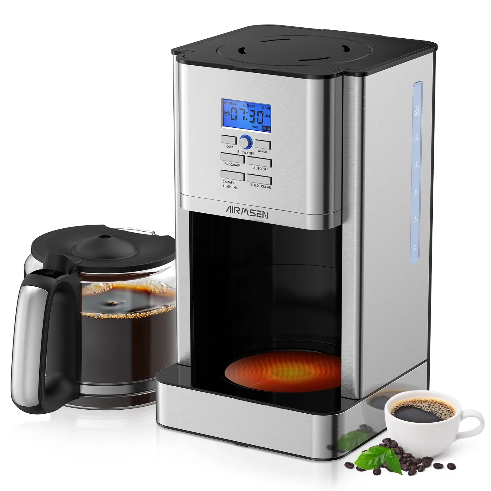 Best Stainless Steel Drip Coffee Maker, Keep Warm Function,Self-Cleaning Function,Delay Brew,12 Cup,Sliver Color