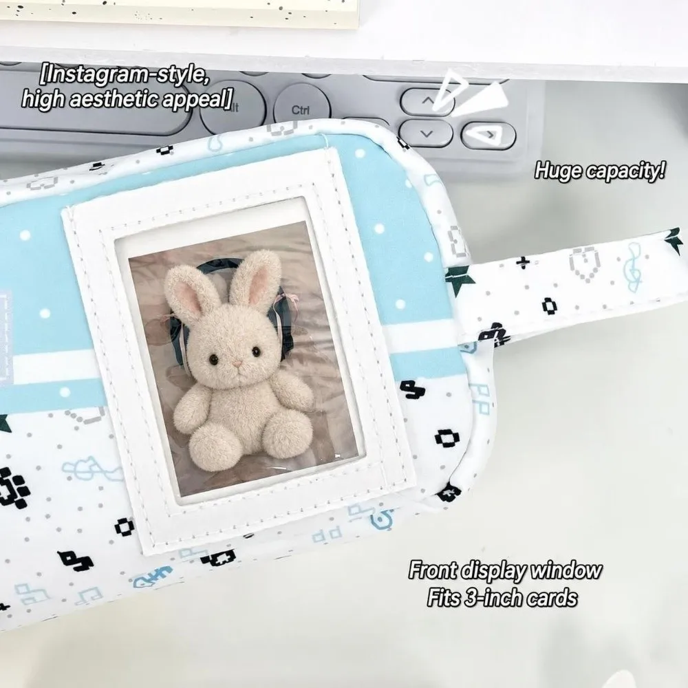 Durable Blue Pixel Cat Print Pencil Case Large Capacity with Handle Pencil Pouch with Clear Window Stationery Organizer Students