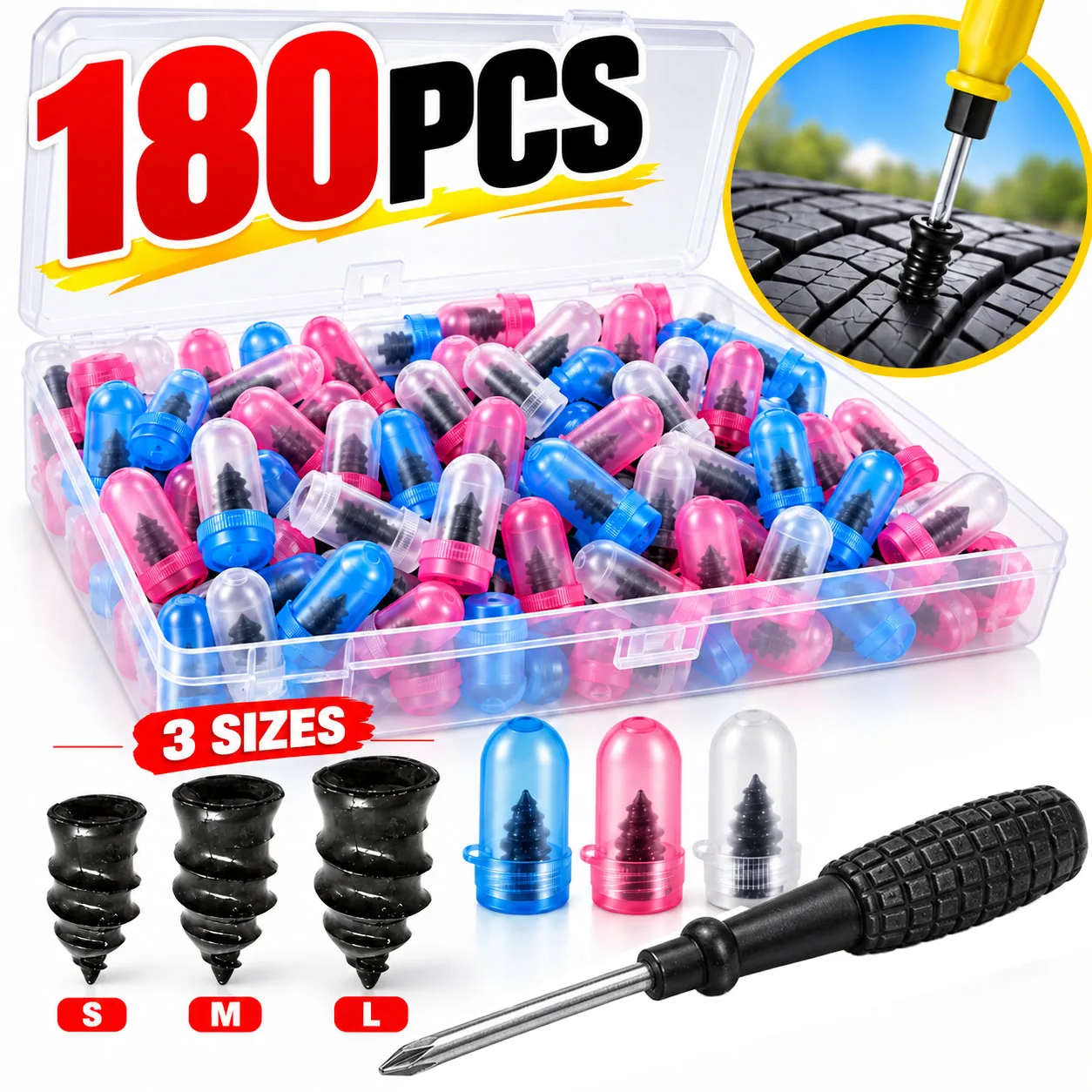 Kit di 91-182 viti in gomma per la riparazione di pneumatici tubeless, completo di cacciavite, adatto a tutti i tipi di auto, moto e biciclette, per riparare forature e buchi nei pneumatici, accessori