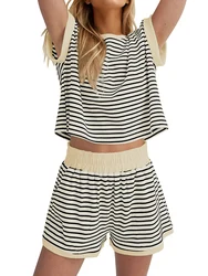 Women’s Casual 2 Piece Outfits Summer Short Sleeve Stripes Print Tops + Elastic Waist Shorts Set Loungewear for Sports Work Out