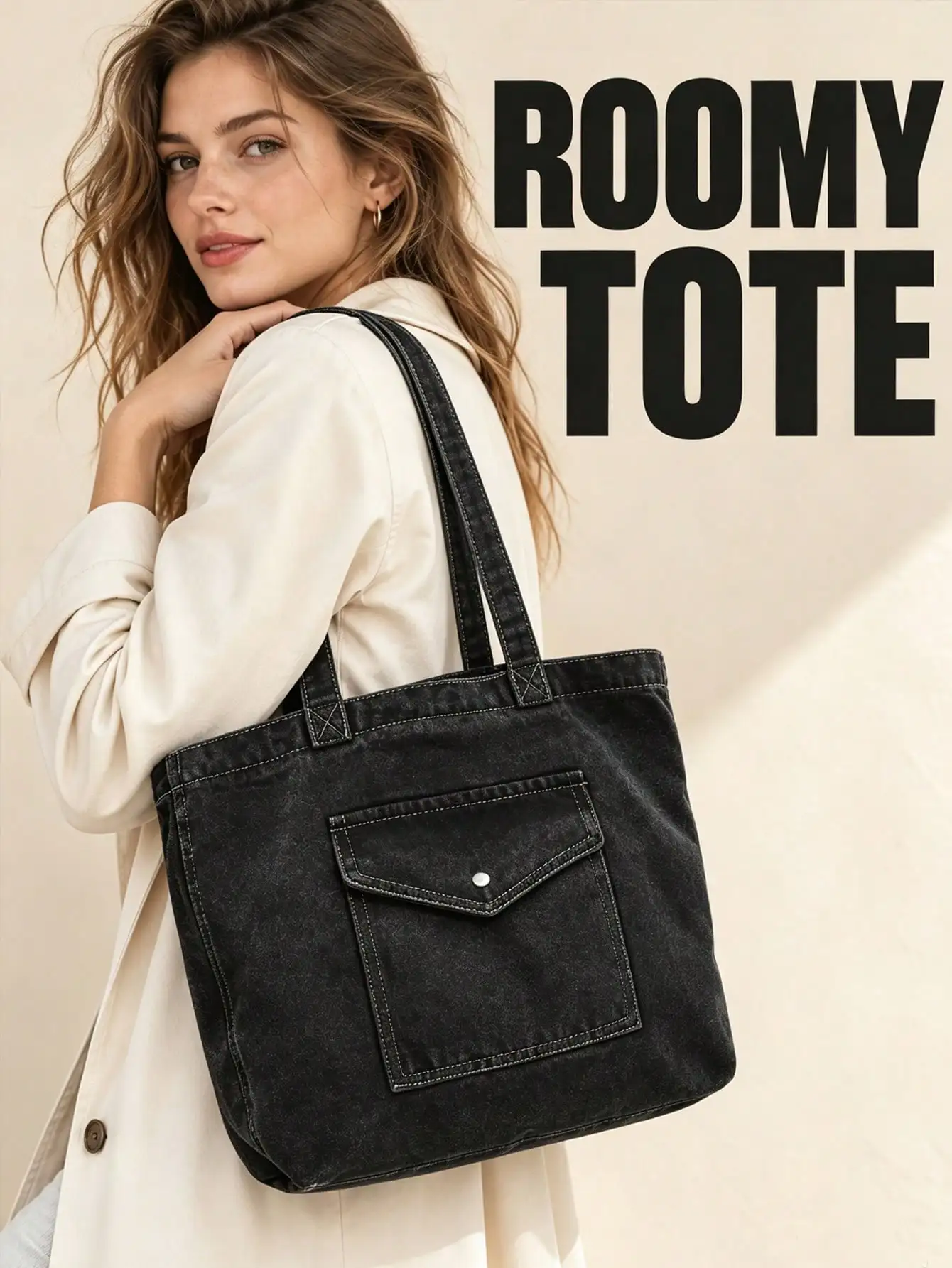 Fashion Large Denim Tote Bag For Women Solid Color Handbag With Zipper Roomy Shoulder Bag Multi-Pocket Denim Bag For Commuting Shopping School Daily sg260912174942279689079