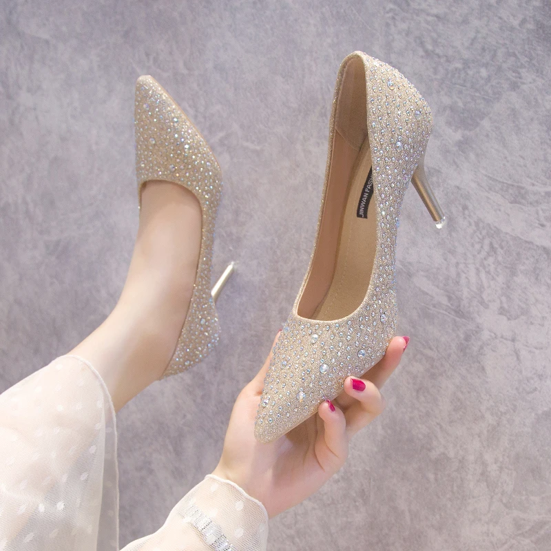 

2026 New High Heel French Rhinestone Pointed Toe Stiletto Light Mouth Women's Single Shoes Silver Wedding Shoes