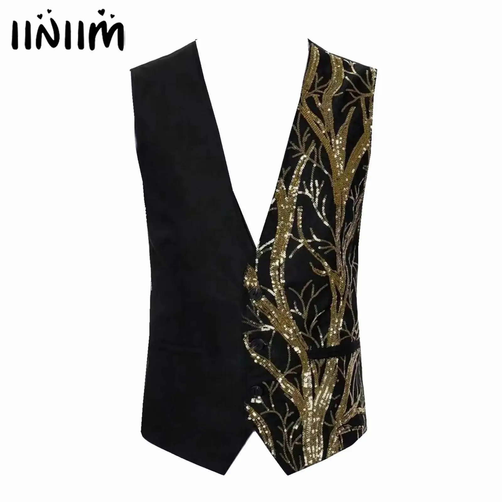 

Мужской джентльменский жилет с одной стороны, расшитый блестками, вышивкой, v-образным вырезом, на пуговицах, тонкий жилет, майка, коктейльный костюм официанта, клубный костюм для вечеринки