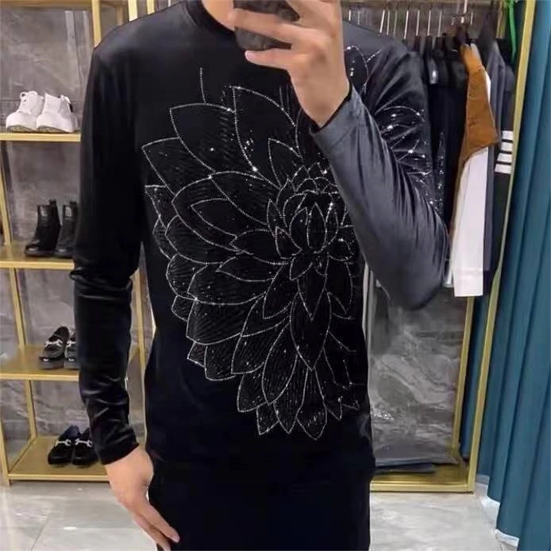 Rhinestone Lotus Pattern T Shirt For Men Long Sleeve Social Slim Spring Quality Velvet Amazing Feeling Silky Camisetas De Hombre