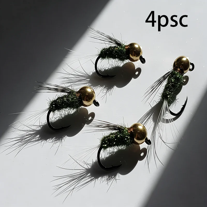 4 Moscas Artificiales de Caddis con Cabeza de Perla Dorada, Moscas Húmedas para Pesca de Trucha, Lubina y Salmón, Kit de Señuelos para Pesca en Agua Dulce