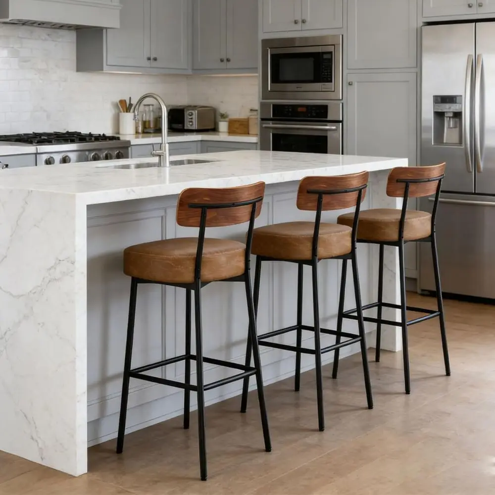 

Set of 3 Leather 24 Counter Height Bar Stools, Upholstered with Wood Back for Kitchen Island or Bar