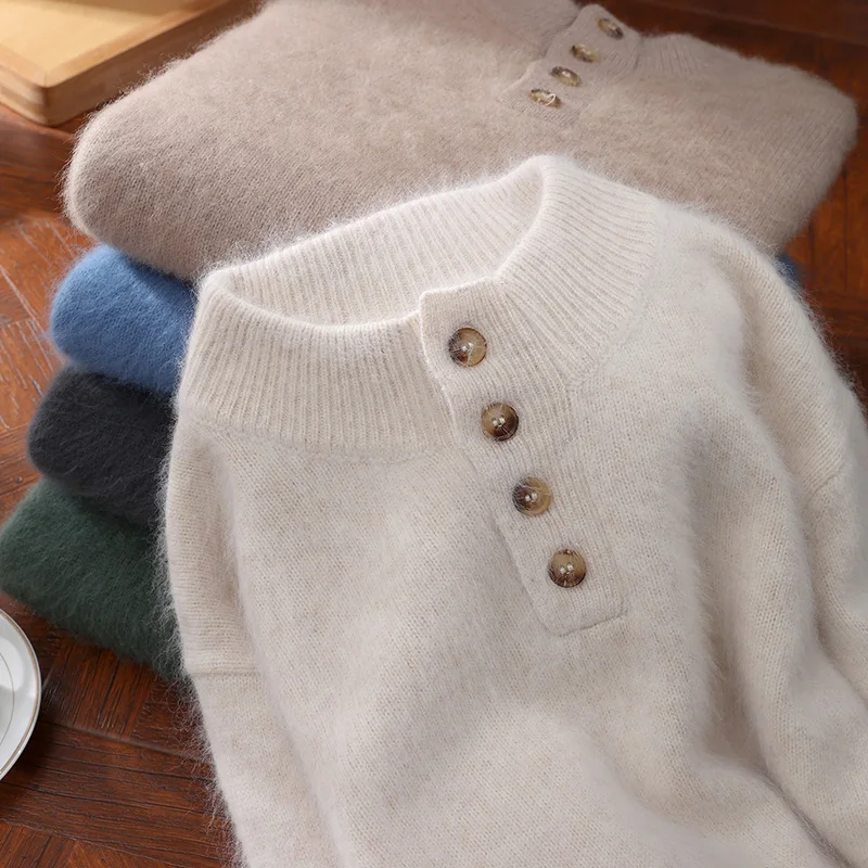 

Men's Stand Collar Pullover Autumn and Winter New 100 Mink cashmere Sweater Half Breasted Warm Knitted All-Match Men's Sweater