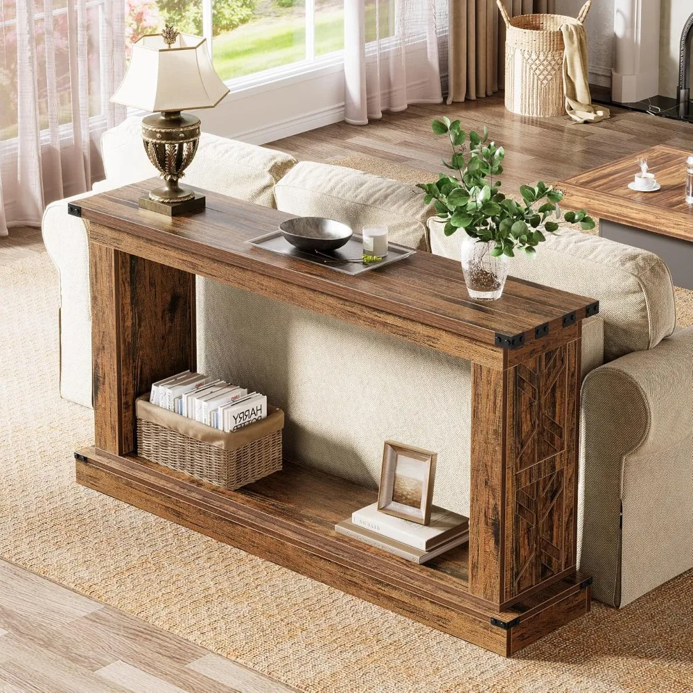 طاولة وحدة التحكم، طاولة مدخل المزرعة مقاس 63 بوصة مع مساحة تخزين، طاولات أريكة ضيقة مستطيلة خلف الأريكة