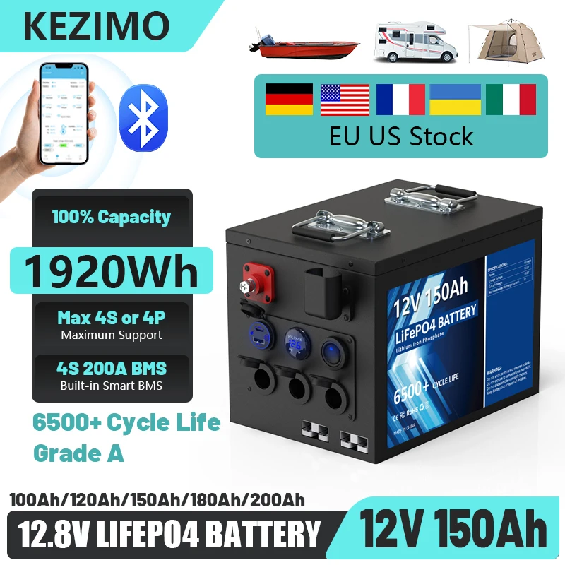 LiFePO4 12V 24V 100Ah 150Ah 200Ah Battery Grade A Built-in BMS Lithium Iron Phosphate Battery Pack For RV Boat Solar EU NO TAX