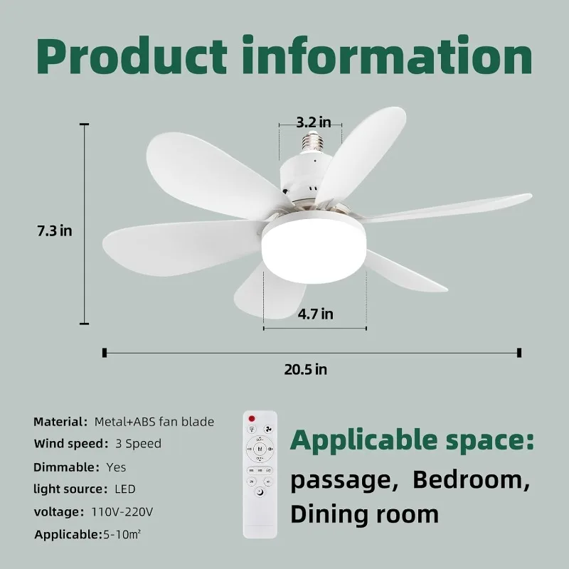 Ventilatore con presa con telecomando E26/E27 Vite in piccolo ventilatore da soffitto con luce dimmerabile Ventilatore da soffitto a LED per garage e piccole stanze