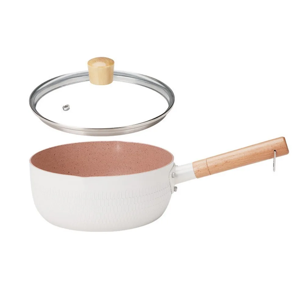 

Ramen Pot Wooden Handle Japanese Saucepan Aluminum Alloy Diversion Port Non-stick Pan with Lid Universal Milk Pot Porridge