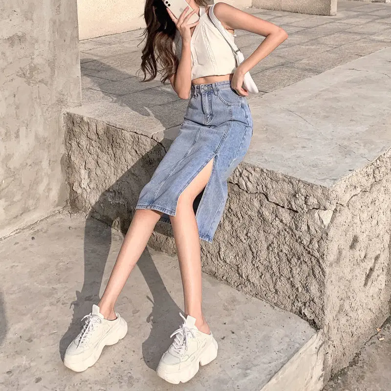 Nữ Váy Denim Bọc Gợi Cảm Midi Dài Hông Mùa Hè Xẻ Hàn Quốc Cao Cấp Mini Váy Nữ Thời Trang 2022 Chặt Vintage Mới