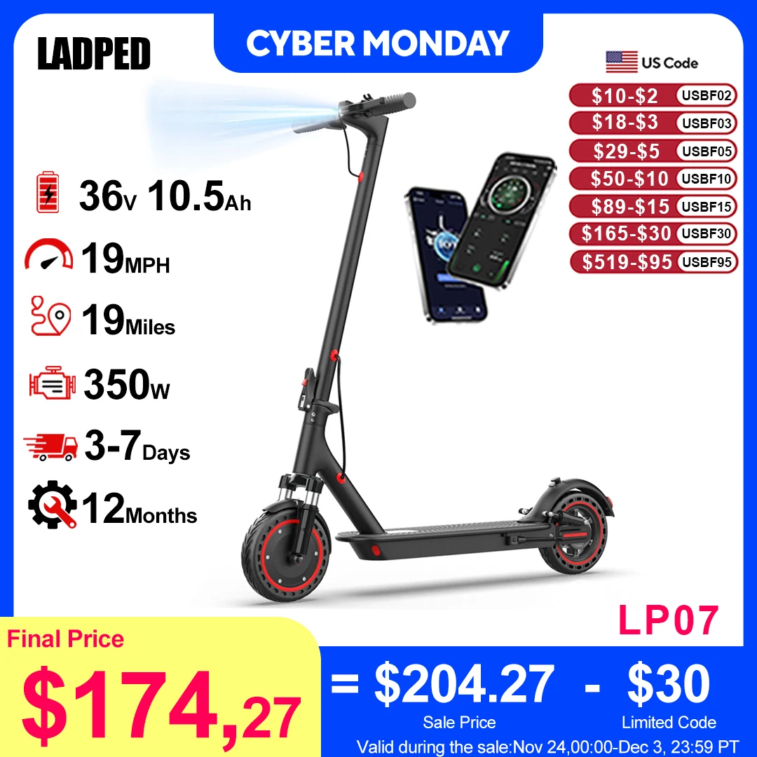 

LADPED LP07 Electric Scooter 350W 19mph APP Smart Control 8.5inch tire Folding Electric Scooter 16miles Max Range for Adult