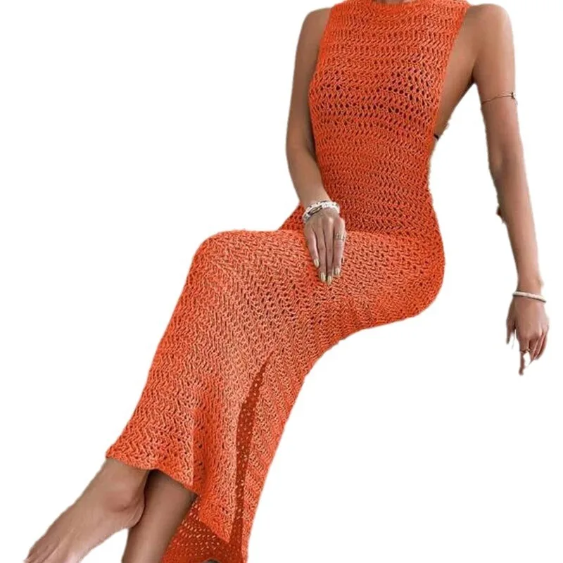 Novedad de verano, falda de Color sólido para mujer, Bikini de playa calado de punto Sexy, traje de baño para cubrir, ropa de protección solar