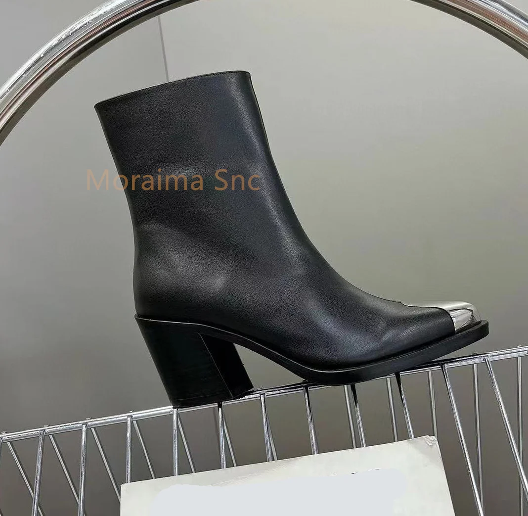 Black Women\'s Boots Metal Pointed Toe Thick Square Heel Ankle Boots Female British Style Fashion Chelsea Short Boots Side Zipper