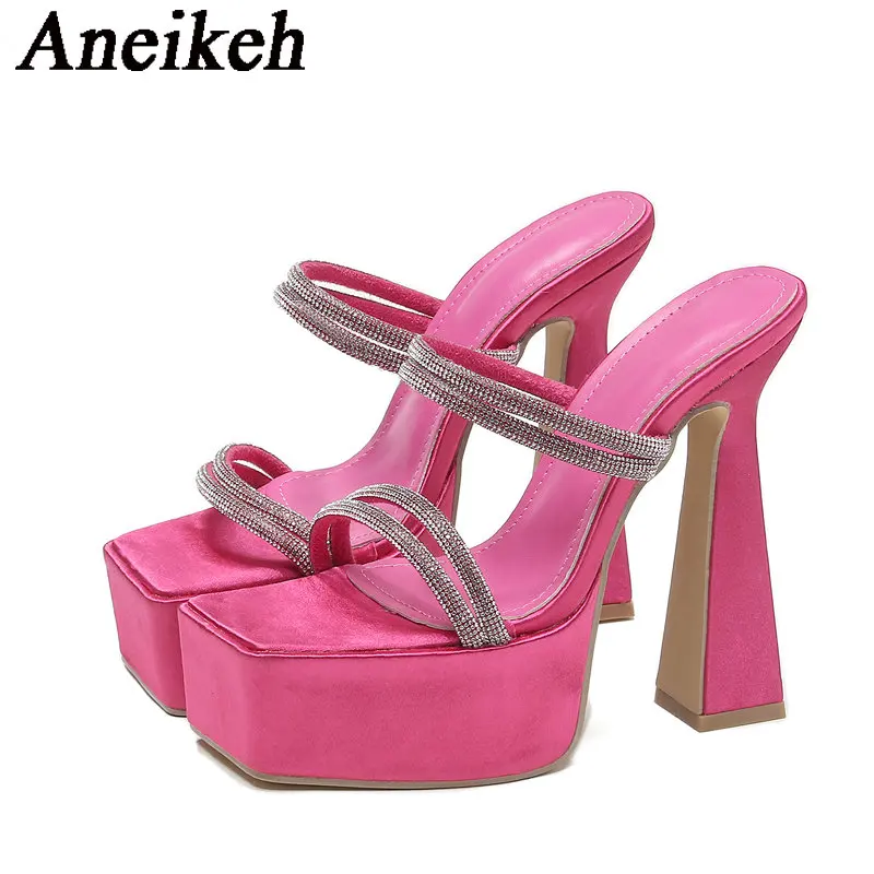 Aneikeh-Zapatos de baile de tubo de acero para mujer, calzado Sexy con punta abierta y punta cuadrada de cristal, tacones superaltos, para fiesta, 2024