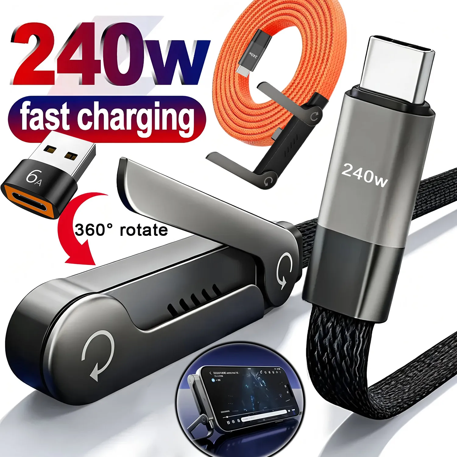 Cabo de Carregamento Super Rápido USB Tipo-C 240W 2-em-1 com Suporte Dobrável para iPhone 15-17 e Celulares Android, Cabo Carregador USB para C, C para C