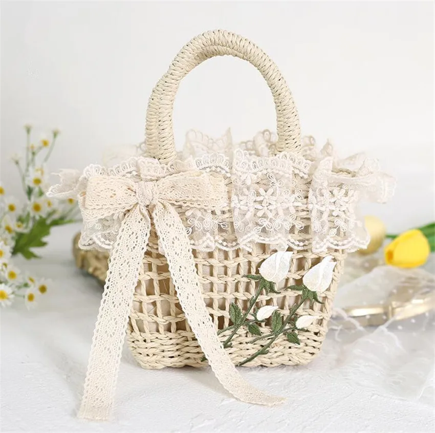 Mori Girl Lolita Flower Tulip Basket Straw Handbag Girl Kawaii Lace Trim Picnic Tea Party Outdoor Bag Props D1144