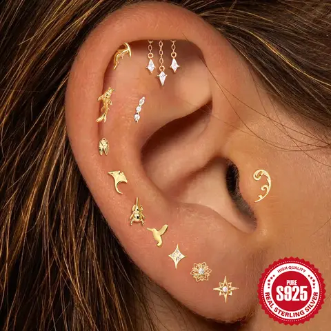 925 Sterling Silver Earring Canner 1pcs 925 Sterling Silver Nature Fish Shark Golden Piercing Earring Summer Beach Party Jewelry Cute Children Delicate Gift