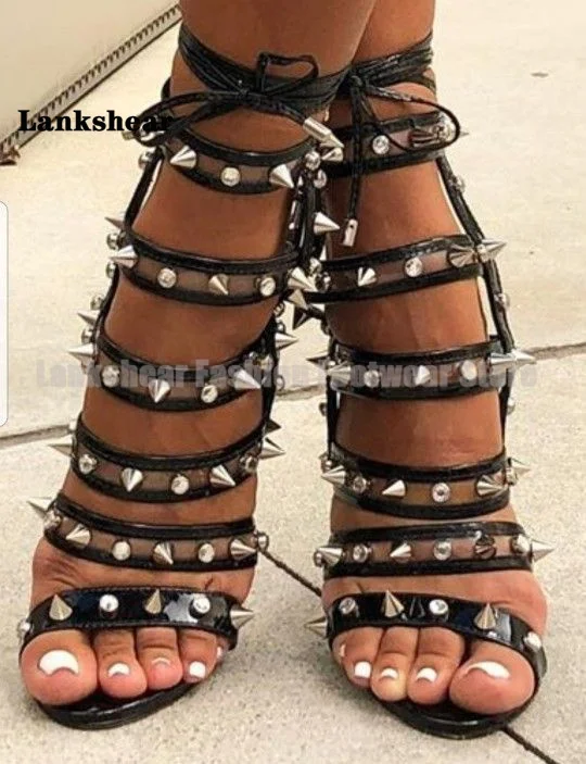 صنادل بكعب ستيليتو بمسامير سوداء بمقدمة مفتوحة وأربطة بكعب عالي أحذية نسائية للحفلات أحذية Sandalias De Mujer Verano